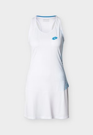 Bela telovadna obleka brez rokavov z modrim logotipom na prsih in nežnimi svetlo modrimi gradientnimi črtami na desni strani.