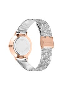 Roségoldene Uhr mit rundem Gehäuse und silbernem Mesh-Armband. Das Mesh-Armband ist strukturiert und verfügt über einen Verschluss. Wasserdicht bis 30 Meter.