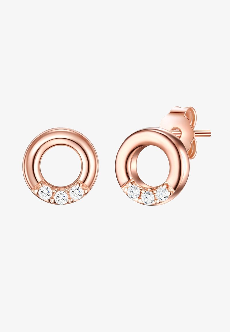 Rozā zelta apaļās auskari ar trim nelielām caurspīdīgām akmenītēm apakšā. Dizainam ir gluda, pulēta tekstūra.