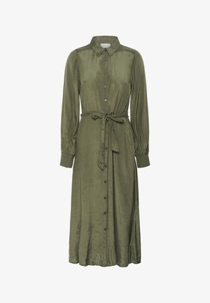 Robe verte olive à manches longues en tissu satiné, avec un devant à boutons, une ceinture à la taille et des poignets froncés pour un look ajusté.
