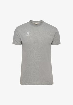 Szary t-shirt z krótkim rękawem wykonany z mieszanki bawełny, z okrągłym dekoltem i małym białym logo na lewej piersi.