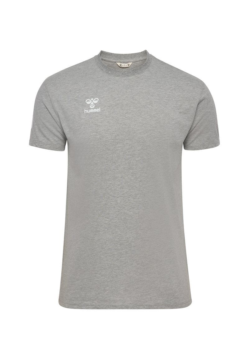 Grå kortärmad t-shirt i bomullsblandning, med rund halsringning och en liten vit logotyp på vänster bröst.