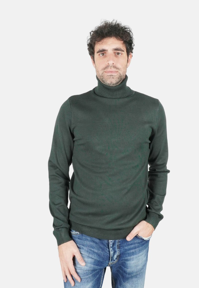 Maglione dolcevita verde scuro in tessuto lavorato a maglia, con maniche lunghe e collo a coste, abbinato a jeans in denim blu.