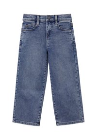 Blauwe denim wijde broek met een knoopsluiting, vijf zakken en een klassieke vervaagde was in ongelijkmatige zoomsteken.