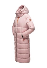 Pink puffer coat with a long silhouette, zip-up front, oversized hood, and two side pockets with contrasting orange zipper pulls.