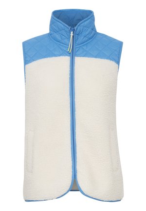 Világoskék ujjatlan mellény, tűzött felső résszel és puha, fehér műszőrme alsó résszel. Elöl cipzárral és két oldalzsebbel rendelkezik.