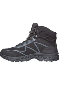 Black hiking boot featuring a textile and synthetic upper, high top design, rubber outsole with textured grip, and contrasting grey accents.