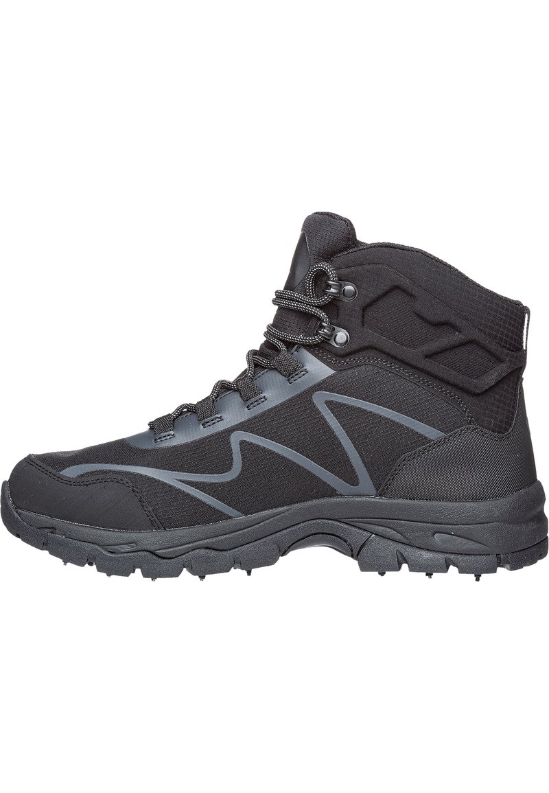 Black hiking boot featuring a textile and synthetic upper, high top design, rubber outsole with textured grip, and contrasting grey accents.