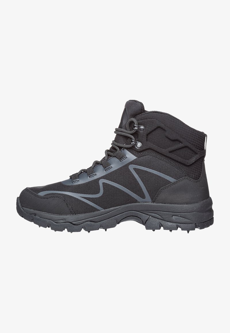 Stivale da trekking nero con tomaia in tessuto e materiale sintetico, design alto, suola in gomma con presa testurizzata e accenti grigi a contrasto.