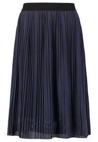 Marinblå plisserad kjol med en svart elastisk midja och ett perforerat mönster över hela. Knälång med lagerdesign.