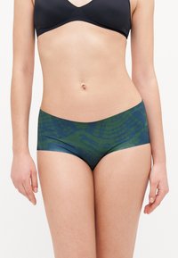 Green and blue patterned boyshorts with a smooth finish. Features a low-rise waist and elastic waistband for comfort.