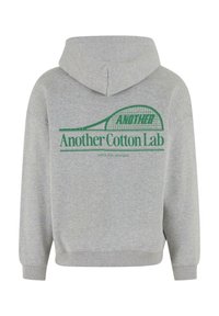 Gray hoodie featuring a hood and long sleeves, with a graphic print in green that includes text and a tennis racket design on the back.