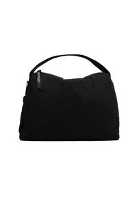 Black, soft fabric tote bag with a rounded shape, featuring a single handle and subtle texture. Zippered closure with branding detail.