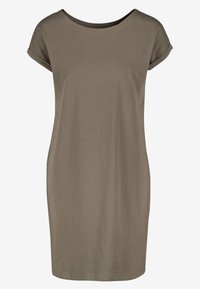 Robe taupe à manches courtes, longueur genou, avec des poignets roulés et un col rond, présentée sur un fond blanc uni.