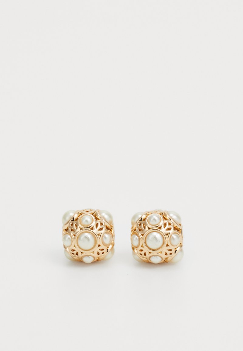 Gold-tone stud earrings featuring a textured, lattice design with embedded white pearls in various sizes. Rounded shape with accents.