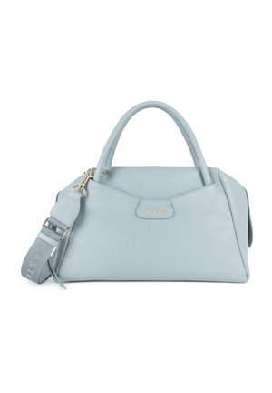 Borsa a tracolla in pelle blu chiaro con manici doppi, tracolla regolabile, marchio in tonalità oro e design strutturato. Texture liscia, dettagli minimi.