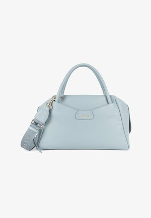 Borsa a tracolla in pelle blu chiaro con manici doppi, tracolla regolabile, marchio in tonalità oro e design strutturato. Texture liscia, dettagli minimi.