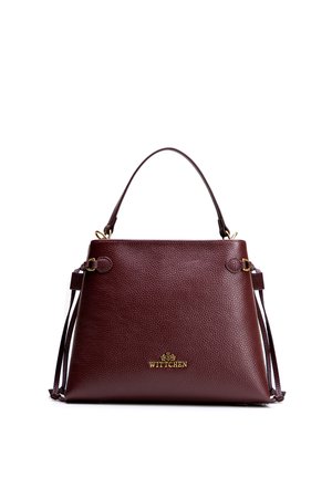 Borsa a mano in pelle marrone scuro con texture, logo Wittchen dorato, manico singolo e cinghie laterali regolabili su sfondo bianco.