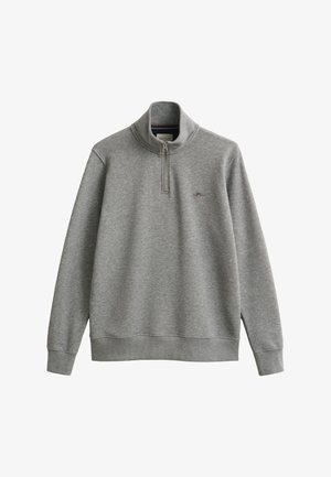 Maglione grigio chiaro a maniche lunghe con collo con zip a quarto e piccolo logo ricamato sul petto sinistro.