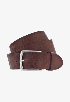 Brown leather belt with a textured finish, featuring a silver metal buckle and a single prong for fastening.