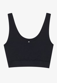 Top cropped preto sem mangas com alças largas e decote redondo sobre um fundo branco.