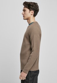 Maglione a coste, marrone, con collo rotondo e maniche lunghe, realizzato in un tessuto lavorato a maglia, indossato sopra una maglietta teal, profilo laterale visibile.