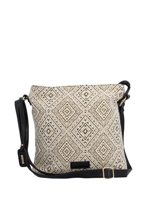 Sac bandoulière carré avec sangle noire réglable et tissu crème présentant un motif géométrique de losanges tissés en noir et or.