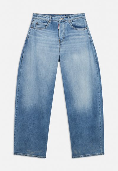 Light blue wide-leg denim jeans with front pockets, belt loops, button closure, and subtle faded wash details.