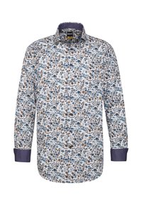 Camicia a fantasia floreale con sfondo bianco, caratterizzata da fiori blu e marroni. Polsini e colletto blu scuro. Maniche lunghe, design con bottoni.
