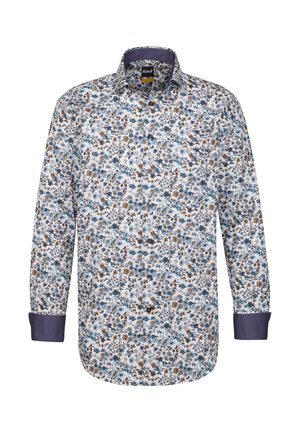 Camicia a fantasia floreale con sfondo bianco, caratterizzata da fiori blu e marroni. Polsini e colletto blu scuro. Maniche lunghe, design con bottoni.