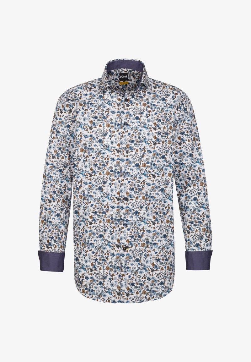 Camicia a fantasia floreale con sfondo bianco, caratterizzata da fiori blu e marroni. Polsini e colletto blu scuro. Maniche lunghe, design con bottoni.