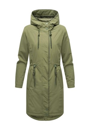 Olive green parka with a hood, drawstring waist, snap buttons, and side pockets. Made from a smooth, water-resistant material.