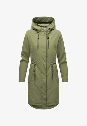 Olivegrüner Parka mit Kapuze, Kordelzug in der Taille, Druckknöpfen und seitlichen Taschen. Hergestellt aus einem glatten, wasserabweisenden Material.