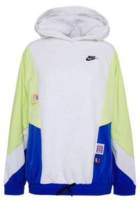Felpa Nike con cappuccio in colore grigio, con dettagli in verde lime e blu. Presenta polsini elasticizzati, orlo con coulisse e patch con logo.