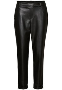 Black leather pants with a smooth texture, featuring a stretchy waistband, side pockets, and tapered legs with rolled cuffs.
