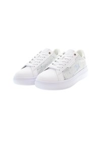 White sneakers with a smooth leather toe box, textured silver side panels, lace-up design, and a thick white rubber sole.