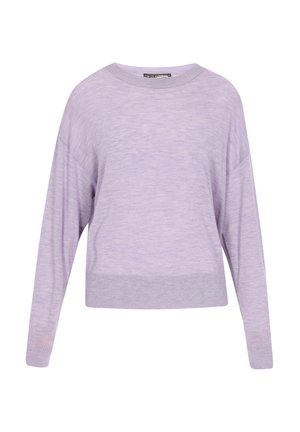 Light lavender sweater with a relaxed fit, round neckline, dropped shoulders, and ribbed cuffs at the hem and sleeves. Soft texture.