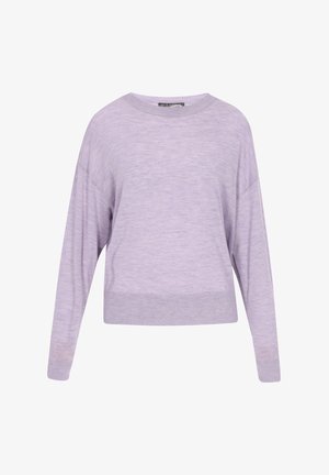 Light lavender sweater with a relaxed fit, round neckline, dropped shoulders, and ribbed cuffs at the hem and sleeves. Soft texture.
