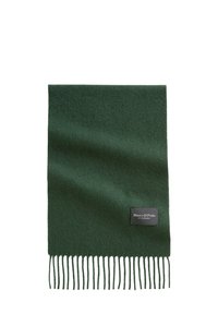 Sciarpa di lana verde scuro con una texture morbida, con estremità frangiate. Un'etichetta nera mostra "Marc O'Polo" su un lato.