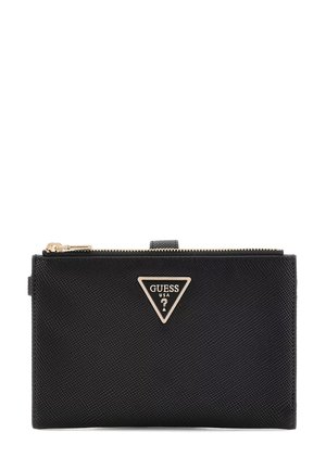 Black textured wallet with a zip closure, featuring a gold triangular logo plate and a slim design for easy handling.