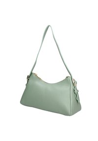 Hobo tas in mintgroen leer met een soepele textuur, een gebogen silhouet en een enkele schouderband. Voorzien van goudkleurige hardware en een ritsluiting.