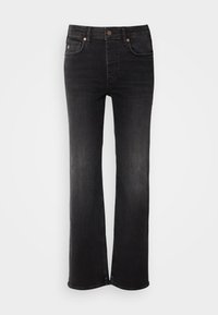 Jeans in denim nero con vestibilità dritta, chiusura con zip e design a cinque tasche. Presentano rivetti tono rame e una texture leggermente sbiadita.