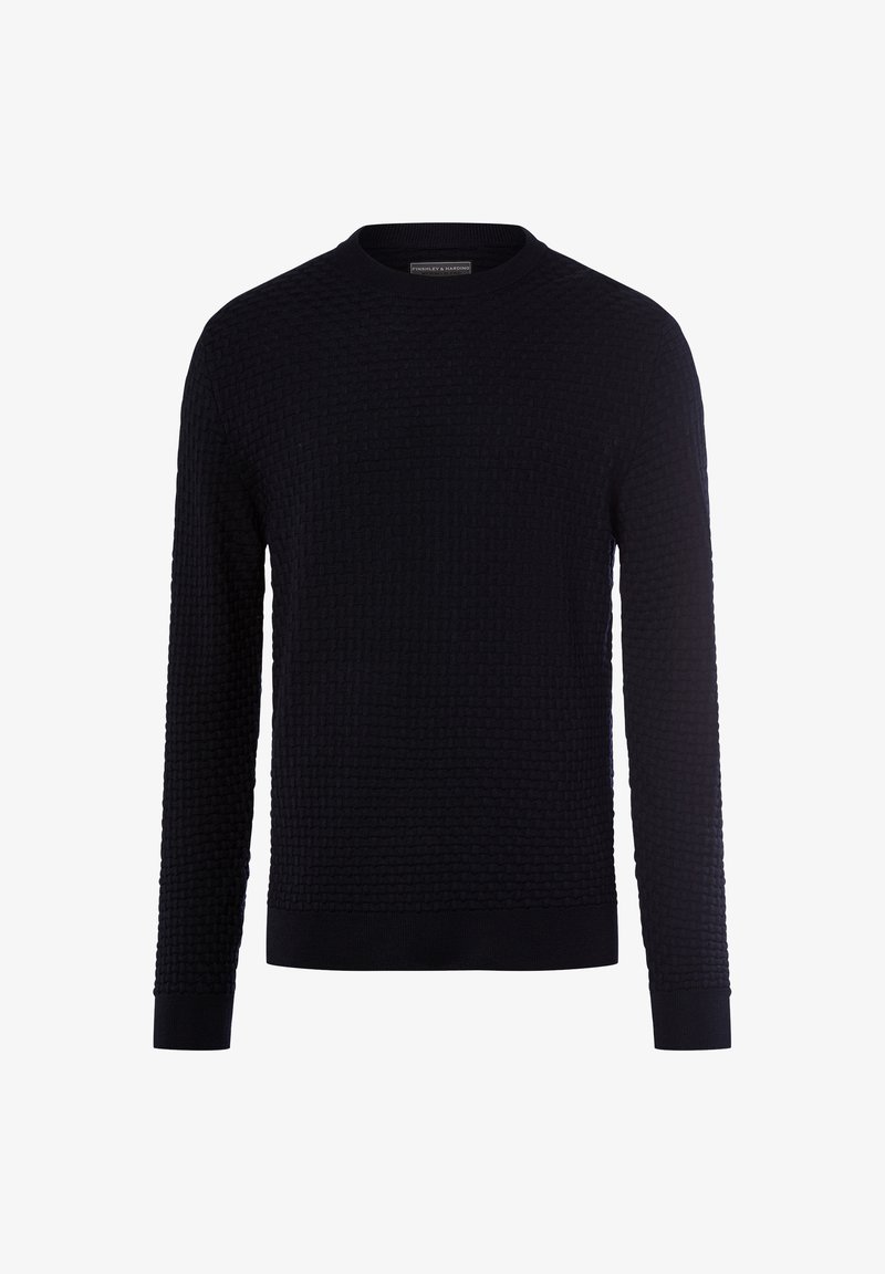 Dunkelmarineblaue, langärmelige, strukturierte Strickjacke mit Rundhalsausschnitt, gerippten Bündchen und Saum, die ein dezentes Korbmuster zeigt.