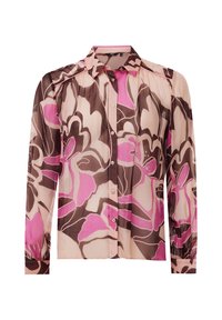 Långärmad skjortblus med krage, med ett stort rosa och brunt blommönster på ett genomskinligt tyg.