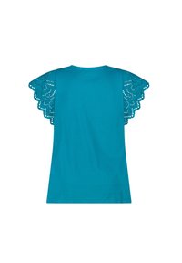 T-shirt en coton turquoise avec un design de découpes en œillets élaboré sur les manches, présentant des bords festonnés et une coupe décontractée.