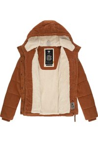 Veste en velours côtelé marron avec une doublure en fausse fourrure crème et une capuche. Présente des boutons-pression et une étiquette à l'intérieur, avec des poignets et un ourlet côtelés.