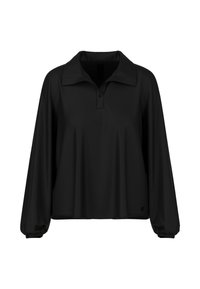 Schwarzes Pullover-Oberteil mit langen Ärmeln, einem flachen Kragen und einer geknöpften Blende. Hergestellt aus glattem, leichtem Stoff in lockerer Passform.