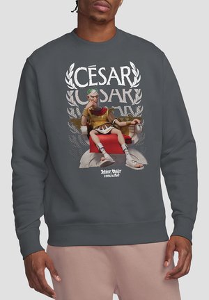 Dark grey sweatshirt featuring a graphic of a cartoon character in a toga seated on a throne, with white text and decorative laurel accents.