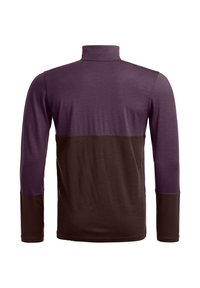Long-sleeve shirt with a high collar, featuring a purple upper section and a brown lower section. Smooth texture, simple color blocking design.