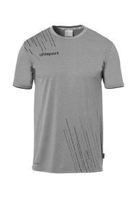 Grijze sport t-shirt met korte mouwen, met een gestructureerde afwerking en zwarte diagonale strepen aan de voorkant. "uhlsport" logo afgebeeld.